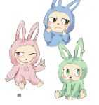 ambiguous_gender anthro blue_body blue_fur blush brown_eyes ear_piercing ear_ring fur gesture gold_ear_ring green_body green_eyes green_fur group hand_gesture hi_res jewelry labubu looking_aside piercing pink_body pink_fur pop_mart red_eyes ring_piercing sharp_teeth sitting smile spec_almond_(artist) teeth trio v_sign