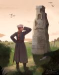  1girl absurdres artist_name belt belt_around_waist black_boots boots braid brown_hair cloud cloudy_sky coat cyrillic day dirty dirty_clothes fluffkaiser from_behind full_body grass grey_coat hair_tie hat highres long_hair long_sleeves military military_uniform mud original outdoors pants planted planted_sword runes russia scabbard sheath sheathed signature single_braid sky solo standing sword translation_request weapon 