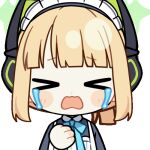  &gt;_&lt; 1girl animal_ear_headphones animal_ears animated animated_gif apron aqua_bow aqua_bowtie black_dress blonde_hair blue_archive blunt_bangs blunt_ends blush_stickers bow bowtie cat_ear_headphones cat_ears chibi chunye_haruya closed_eyes collared_dress commission contrast_collar crying disembodied_hand dot_nose dress facing_viewer fake_animal_ears green_halo halo hand_on_own_chest headphones lowres maid maid_apron maid_headdress midori_(blue_archive) midori_(maid)_(blue_archive) missing_commentary official_alternate_costume official_alternate_hairstyle open_mouth ponytail second-party_source short_hair sidelocks simple_background solo streaming_tears tears transparent_background upper_body wavy_mouth white_apron white_headdress 