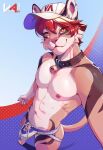 2024 abstract_background anthro artist_name bell bell_collar brown_collar brown_markings bulge closed_smile clothing collar dated felid fur genitals hair hat headgear headwear hi_res jockstrap looking_at_viewer male male_anthro mammal markings mouth_closed navel nipples orange_body orange_fur penis pupils red_eyes red_hair red_nipples red_penis short_hair slit_pupils smile solo standing text underwear vesper_art whiskers white_body white_clothing white_fur white_hat white_headwear yellow_sclera
