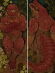 2024 3:4 anthro biped carvarior colored crocodile crocodilian crossed_arms dakimakura dakimakura_design hi_res male nude open_mouth partially_submerged plant red_body red_scales reptile scales scalie solo swamp water