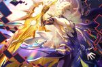  1boy abs antenna_hair bare_pectorals blonde_hair bodysuit broken_skin cape chinese_commentary choker closed_mouth commentary_request cowboy_shot fingerless_gloves gauntlets gloves gold_trim hand_up highres holding holding_sword holding_weapon honkai:_star_rail honkai_(series) jingxinzhiyun looking_to_the_side male_focus muscular muscular_male official_alternate_costume pectorals phainon_(honkai:_star_rail) purple_bodysuit purple_cape purple_choker purple_gloves short_hair solo standing sun sun_symbol sunlight sword torn_bodysuit torn_clothes two-sided_cape two-sided_fabric v-shaped_eyebrows weapon yellow_cape yellow_eyes 
