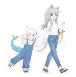  2girls absurdres animal_ears bag black_shoes blue_eyes blue_nails blue_overalls blue_streaks blunt_bangs blush cat_ears cat_girl cat_hair_ornament cat_tail child clenched_teeth closed_eyes denim fins fish_tail gawr_gura grey_hair grocery_bag hair_ornament hairclip heart hennyano_(nachoneko) highres holding_hands hololive hololive_english indie_virtual_youtuber jeans jewelry long_hair long_sleeves looking_at_viewer multicolored_hair multiple_girls nachoneko notice_lines open_mouth overalls pants paw_print ring shark_girl shark_tail sharp_teeth shirt shoes shopping_bag smile sneakers spring_onion streaked_hair tail teeth ugaaaa1 virtual_youtuber waving white_background white_shirt 