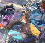 abs absurd_res anthro anus balls big_penis billy_(dellinger) black_hair black_sclera blue_body blue_skin blush blush_stickers bodily_fluids bottomless bottomless_anthro bottomless_male bovid bovine bracelet butt clothed clothing curved_horn cyex_(dellinger) demon dialogue dragon dripping english_text enko_(mrt0ony) erection european_mythology eyewear genital_fluids genitals glasses greek_mythology grey_body grey_scales grey_spots group hair hair_over_eyes half-closed_eyes hi_res horn huge_penis humanoid humanoid_genitalia humanoid_penis humanoid_pointy_ears imminent_anal imminent_gangbang imminent_sex imp jacket jewelry kobold male male/male mammal markings minotaur mrt0ony muscle_tone muscular muscular_anthro muscular_male mythological_creature mythological_scalie mythology narrowed_eyes nervous nighdruth_(character) open_mouth open_smile orange_hair pecs penis perineum pointy_ears precum precum_drip precum_string purple_body purple_scales scales scalie sharp_teeth shirt smile speech_bubble spots spotted_body spotted_markings spotted_scales studded_armlet studded_bracelet studded_jewelry studs tank_top teeth text thong topwear underwear vein veiny_penis white_hair yellow_sclera