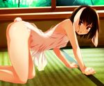  all_fours animal_ears ass blush brown_eyes brown_hair bunny_ears bunny_tail chemise hinohoshi_ataru inaba_tewi looking_at_viewer no_panties red_eyes see-through short_hair solo tail tatami thighs touhou 
