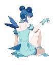  1girl absurdres aizawa_mint aqua_boots aqua_choker aqua_dress aqua_gloves aqua_sleeves bare_shoulders bird_girl bird_tail bird_wings blue_eyes blue_hair blue_wings blunt_bangs boots choker closed_mouth commentary_request detached_sleeves double_bun dress frilled_choker frilled_sleeves frilled_thigh_strap frills full_body gloves hair_bun high_heel_boots high_heels highres holding_own_foot knee_up looking_at_viewer looking_back magical_girl mew_mint morgue_(southsakura) puffy_short_sleeves puffy_sleeves short_dress short_hair short_sleeves shoulder_blades simple_background sitting smile solo strapless strapless_dress tail thigh_strap tokyo_mew_mew white_background wings 