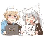  1boy 1girl :d black_jacket blazer blue_jacket blush_stickers brown_hair chibi closed_eyes closed_mouth drawing_(object) grey_eyes grey_hair hair_ornament hairclip higuchi_kaede higuchi_kaede_(1st_costume) hood hood_down hooded_jacket jacket kanae_(1st_costume)_(nijisanji) kanae_(nijisanji) long_hair lowres mole mole_under_eye nijisanji ponytail rebecca_(keinelove) roto_(kanae) school_uniform simple_background smile translation_request trembling v-shaped_eyebrows virtual_youtuber wavy_mouth white_background 