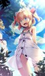  arms_behind_back bare_shoulders blonde_hair blue_eyes blurry blush bow breasts buttons chima_q cloud cloudy_sky collarbone commentary_request cowboy_shot day depth_of_field dress fairy_wings fang hair_bow headdress highres open_mouth outdoors panties pantyshot partial_commentary polka_dot polka_dot_panties red_bow see-through_clothes see-through_dress short_hair sidelocks sky small_breasts smile solo standing sundress sunny_milk touhou two_side_up underwear white_headdress wings 
