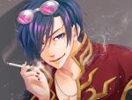  1boy black_nails blue_hair cigarette coat commentary_request eyewear_on_head fingernails gold_trim grey-framed_eyewear hair_over_one_eye highres holding holding_cigarette indi5blue looking_at_viewer male_focus pink-tinted_eyewear priest_(ragnarok_online) purple_eyes ragnarok_online red_coat short_hair smile smoke smoking solo sunglasses tinted_eyewear upper_body 