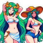  1girl armpits arms_up aseprite_(medium) bikini blush breasts cleavage english_commentary flower green_eyes green_hair hat hat_flower highres kid_icarus large_breasts long_hair looking_at_viewer multiple_views navel paid_reward_available palutena pixel_art simple_background smile swimsuit thick_thighs thighs very_long_hair white_background white_bikini wide_hips yumykon 