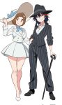  2girls black_hair black_shoes black_suit blue_bow blue_eyes blue_ribbon blush bow breasts brown_hair buttons cane collared_shirt dress fedora gold_buttons hat highres jacket kill_la_kill kitten_heels lapels looking_at_viewer mankanshoku_mako matoi_ryuuko multicolored_hair multiple_girls pants pinstripe_pattern pinstripe_suit pleated_skirt ribbon shirt shoes short_hair sisi_am1011 skirt sleeve_cuffs smile sneakers socks streaked_hair suit sun_hat thighs white_background white_dress white_jacket white_shoes 