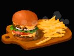  beef black_background burger cheese cutting_board food french_fries highres hisachan55cute lettuce mayonnaise no_humans original pixel_art scenery simple_background steaming_food tomato 