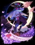 adventurer ambiguous_gender anthro belt clothing detailed_background footwear hat headgear headwear hi_res lagomorph leporid light_armor looking_at_viewer mammal melee_weapon moon night nyushi pawpads paws petals polearm rabbit scythe solo star weapon
