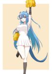  1girl :d alternate_costume arknights arm_up bare_shoulders black_socks blue_eyes blue_hair blue_tail border braid breasts cheerleader commentary_request dragon_girl dragon_horns dress foot_out_of_frame hand_on_own_hip highres holding holding_pom_poms horns kneehighs large_breasts leg_up ling_(arknights) long_hair looking_at_viewer multicolored_eyes open_mouth outside_border outstretched_arm pink_eyes pleated_dress pointy_ears pom_pom_(cheerleading) short_dress simple_background sleeveless sleeveless_dress smile socks solo split_mouth standing standing_on_one_leg two-tone_eyes uiru_(uiruuun) very_long_hair white_border white_dress yellow_background 