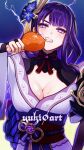 1girl artist_name breasts chicken_(food) chicken_leg cleavage clenched_teeth commentary eating electricity english_commentary food genshin_impact hair_ornament highres holding holding_food japanese_clothes kimono long_hair mole mole_under_eye obi off_shoulder purple_eyes purple_hair purple_kimono raiden_shogun sash solo teeth upper_body very_long_hair yuki0_art 