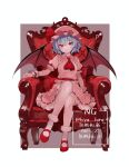  1girl ascot bat_wings blue_hair border chair dress frilled_dress frills full_body hashtag-only_commentary hat highres hiya_hira looking_at_viewer mary_janes mob_cap on_chair outside_border pink_dress pink_hat puffy_short_sleeves puffy_sleeves red_ascot red_eyes red_shoes remilia_scarlet shoes short_hair short_sleeves sitting socks solo touhou vampire white_border white_socks wings 