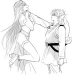  1boy 1girl armlet belly_chain belt bikini bikini_top_only clenched_teeth commentary_request cowboy_shot dancer dark_persona dragon_quest dragon_quest_iv earrings fins fukusuu_(zeonms_06s) greyscale head_fins hero_(dq4) high_heel_sandals jewelry lifting_person long_hair looking_at_another manya_(dq4) medium_hair monochrome partial_commentary pelvic_curtain profile red_eyes sandals shield shield_on_back shirt sketch smile spot_color strangling sweatdrop swimsuit sword sword_on_back teeth thighlet tunic weapon weapon_on_back 