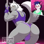 2025 anthro better_version_at_source big_butt biped blue_hair blush bulge bulge_from_behind butt canid canine canis clothed clothing crop_top dancing domestic_dog fingerless_gloves fur gloves grey_body grey_fur hair handwear heart_symbol hi_res husky husky_darklight looking_at_viewer looking_back looking_back_at_viewer male male_anthro mammal multicolored_body muscular muscular_anthro muscular_male nordic_sled_dog orange_eyes panties pole pole_dancing presenting presenting_hindquarters purple_clothing purple_topwear purple_underwear raised_tail rear_view shirt simple_background smile solo spitz stripper surprise surprised_expression tail tank_top thong topwear underwear white_body white_fur white_hair wolf wolfe_fubuki wolfe_fubuki_(character) yellow_eyes
