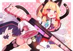  1girl absurdres animal_ear_headphones animal_ears aqua_necktie battle_rifle black_coat black_skirt black_tail black_thighhighs blonde_hair blue_archive blunt_bangs border bow bright_pupils cat_ear_headphones cat_ears cat_tail coat collared_shirt commentary_request eyes_visible_through_hair fake_animal_ears fake_tail fang feet_out_of_frame frilled_coat frilled_skirt frills furrowed_brow gradient_background gun h&amp;k_g3 hair_bow halo headphones highres holding holding_gun holding_weapon long_sleeves long_tail looking_at_viewer low-tied_sidelocks medium_hair miniskirt miru_purin_(cha_mochi) momoi_(blue_archive) multicolored_coat necktie off_shoulder open_clothes open_coat outline outside_border outstretched_arm pink_background pink_coat pink_eyes pink_halo polka_dot polka_dot_background red_bow rifle shirt sidelocks single_sleeve_past_fingers skin_fang skindentation skirt sleeves_past_wrists solo spread_fingers suspender_skirt suspenders sweat tail tearing_up teeth thighhighs thighs torn_clothes torn_coat torn_necktie torn_shirt torn_skirt torn_sleeves torn_thighhighs two-sided_coat two-sided_fabric upper_teeth_only weapon white_border white_coat white_outline white_pupils white_shirt wide_sleeves 
