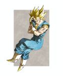  1boy absurdres blonde_hair blue_pants blue_sash blue_shirt boots crossed_arms crossed_legs dougi dragon_ball dragon_ball_z full_body gloves grey_background highres male_focus muscular muscular_male nazunnio1225 orange_shirt pants sash shirt simple_background solo spiked_hair super_saiyan vegetto white_background white_boots white_gloves 