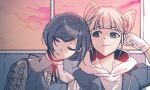  2girls b1ue_e4rth backpack bag blue_hair blunt_bangs closed_eyes closed_mouth collared_shirt commentary cone_hair_bun double_bun frilled_shirt frilled_sleeves frills fukurai_azami hair_bun hands_on_own_head hashtag-only_commentary jasmine_(toshi_densetsu_kaitai_center) leaning_on_person leaning_to_the_side limited_palette long_sleeves looking_at_another multiple_girls shirt short_hair sleeping sleeping_on_person sleeping_upright smile toshi_densetsu_kaitai_center upper_body 