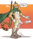 2025 abs anthro armwear atlus balls bodily_fluids bottomless cape cape_only clothed clothing codpiece cum cum_drip dialogue digital_drawing_(artwork) digital_media_(artwork) dripping embarrased_horny embarrassed erection felid foreskin fur genital_fluids genitals green_eyes hi_res humanoid_genitalia humanoid_penis leopard male mammal markings megami_tensei melee_weapon mostly_nude muscular muscular_anthro muscular_male nude ose_(megami_tensei) pantherine pecs penis precum sega signature simple_background solo spots spotted_markings standing sweat sweatdrop sword tail thong underwear undressing weapon whiskers white_body white_fur yellow_body yellow_fur ziran
