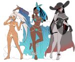  3girls ankle_bow anklet arm_up bare_shoulders barefoot belly_chain bikini black_gloves black_hair black_hat black_one-piece_swimsuit blue_eyes blue_eyeshadow blue_lips blue_nails blue_shawl bow breasts clothes_lift clothing_cutout colored_eyelashes colored_skin dark-skinned_female dark_skin earrings electricity energy_clothes eyeshadow flower food food_in_mouth frilled_shirt_collar frills full_body furrowed_brow genderswap genderswap_(mtf) gloves gradient_clothes gradient_sarong gradient_skirt greek_mythology grey_sarong grey_skin grin hades_(mythology) hair_ornament hair_over_one_eye hand_in_own_hair hand_on_own_hip hand_up hands_up hat hat_flower heart heart_hair_ornament high_ponytail holding holding_food holding_popsicle jewelry large_breasts light-skinned_palms lipstick liquid_clothes makeup medium_breasts melting_popsicle mole mole_on_breast multicolored_hair multiple_anklets multiple_girls multiple_moles multiple_necklaces nail_polish navel navel_cutout necklace one-piece_swimsuit open_mouth original outstretched_hand parted_lips pearl_anklet pearl_necklace ponytail popsicle popsicle_in_mouth poseidon_(mythology) red_eyeshadow red_hair red_lips red_sarong revealing_clothes sarong sarong_lift seashell see-through_cleavage see-through_clothes see-through_sarong shawl shell shell_bikini siblings side_cutout sisters skirt smile standing standing_on_one_leg sun_hat swimsuit teeth thigh_strap toenail_polish toenails two-tone_hair upper_teeth_only very_dark_skin wanderjegson water white_hair yellow_eyes zeus_(mythology) 