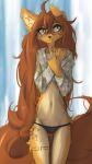 2025 abdominal_tattoo anthro apogee_(tinygaypirate) brown_body brown_eyes brown_fur brown_tail canid canine canis clothed clothed_anthro clothed_female clothing countershade_torso countershading digital_media_(artwork) domestic_dog ear_piercing female fingers front_view fur gauged_ear hair hi_res hip_tattoo inner_ear_fluff leg_tattoo long_hair long_tail looking_aside mammal navel neck_tattoo one_ear_up panties pantsless pantsless_anthro pantsless_female partially_clothed partially_clothed_anthro partially_clothed_female piercing smile solo standing tail tan_body tan_fur tattoo thigh_tattoo tinygaypirate topwear tuft underwear