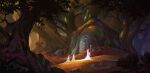  3girls absurdres chinnkun cloak dirt_road fantasy forest highres holding holding_staff hood incredibly_absurdres landscape leaf mage_staff multiple_girls nature original painterly road rock signature staff sunlight white_cloak 
