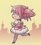  1girl absurdres blush_stickers chibi choker cityscape cover cover_page doujin_cover gecchu gloves hair_ribbon highres kaname_madoka kaname_madoka_(magical_girl) magical_girl mahou_shoujo_madoka_magica non-web_source open_mouth pink_eyes pink_hair puffy_sleeves ribbon running scan short_hair short_twintails skirt solo twintails white_gloves 