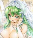  1girl alternate_costume blush breasts bridal_gauntlets bridal_veil cleavage collarbone dot_nose dress frog_hair_ornament green_eyes green_hair hair_ornament hair_tubes hand_on_own_face huge_breasts indoors jewelry kochiya_sanae long_hair long_sleeves looking_at_viewer lower_teeth_only necklace nekofish666 open_mouth pearl_necklace ring single_hair_tube single_sidelock snake_hair_ornament solo teeth tiara touhou traditional_media upper_body veil watermark wedding_dress wedding_ring white_dress 