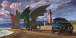 alexandr_timofeev ambiguous_gender beach building camera canid canine canis clothed clothing cloud domestic_dog dragon ear_fins eyewear family female feral fin flying fur green_body green_scales group hi_res horn human lighthouse male mammal membrane_(anatomy) membranous_wings mythological_creature mythological_scalie mythology outside petting photography pupils scales scalie sea seaside size_difference slit_pupils solo spikes spikes_(anatomy) sunglasses tail tail_fin vehicle water wings