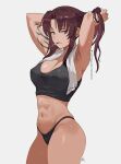  1girl abs adjusting_hair arm_tattoo arms_up ass black_lagoon black_panties black_tank_top breasts brown_eyes cigarette commentary cowboy_shot crop_top curtained_hair highres holding holding_cigarette large_breasts long_hair looking_at_viewer mouth_hold navel no_pants panties parted_bangs patreon_logo patreon_username red_hair revy_(black_lagoon) simple_background solo tank_top tattoo towel underwear zefrableu 