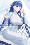  1girl absurdres arcana_(nikke) bench blue_eyes blue_hair blunt_bangs bra_visible_through_clothes bracelet breasts card covered_collarbone covered_navel cowboy_shot crossed_legs curtains dress dutch_angle ear_piercing earrings english_commentary goddess_of_victory:_nikke hair_intakes hair_ornament highres huge_breasts jewelry leaf_hair_ornament long_hair long_sleeves looking_at_viewer nail_polish piercing pouch ring see-through_clothes see-through_dress shawl sitting smile solalise solo strap tarot tarot_card turtleneck white_dress white_nails white_shawl wind zipper 