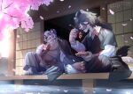 absurd_res anthro asian_clothing belly blush bottomwear breasts bulge canid canine canis cherry_blossom cherry_blossom_tree cherry_tree claws clothed clothing dango_(food) dessert digital_media_(artwork) domestic_cat duo east_asian_clothing eating eating_food feet felid feline felis fingers flower food fruit_tree fundoshi fur hair hi_res holding_object hybrid japanese_clothing kemono kimono male mammal markings open_mouth outside overweight overweight_male pantherine pants plant prunus_(flower) smile striped_body striped_fur stripes sushi tail teeth tem1tem the_demon_jack tiger toe_claws toes tongue tongue_out topwear tree underwear vlad_liskevich water white_body white_fur wolf