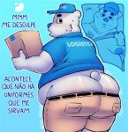 2025 4_fingers anthro bear belly_overhang big_butt blue_background blue_clothing blue_headwear blue_nose blue_shirt blue_topwear blush bodily_fluids bottomwear box butt butt_cleavage cardboard cardboard_box cargo_shorts clothed clothed_anthro clothed_male clothing clothing_lift container dialogue disembodied_hand english_description fingers front_view fur headgear headwear heart_symbol hi_res holding_box holding_container holding_object male mammal moobs mouth_closed norte_refrigeracao open_mouth overweight overweight_anthro overweight_male polar_bear portuguese_text shirt shirt_lift shorts simple_background small_tail solo standing sweat sweatdrop tail text text_on_clothing text_on_shirt text_on_topwear tito_triplex topwear ursine white_body white_fur