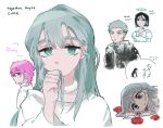  1boy 1other 2girls alien_stage black_eyes black_gloves black_hair black_jacket bob_cut bow choker commentary dress english_commentary english_text flower gloves green_eyes halo hiru315 holding holding_own_hair jacket long_hair lying multiple_girls on_side pink_hair red_flower red_pupils short_hair speech_bubble sua_(alien_stage) thought_bubble till_(alien_stage) very_short_hair white_bow white_choker white_dress 