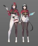  2girls absurdres asymmetrical_gloves asymmetrical_legwear asymmetrical_sleeves black_gloves black_hair black_pantyhose black_thighhighs bright_pupils clothing_cutout earrings elbow_gloves garrison_cap gloves hair_between_eyes hairband hat heterochromia highres holding holding_tablet_pc jewelry kirr_rr long_hair mismatched_gloves mismatched_sleeves multicolored_gloves multiple_girls original pantyhose purple_eyes riding_crop single_thighhigh tablet_pc thigh_cutout thighhighs uneven_sleeves white_gloves white_hairband 