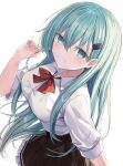  1girl adapted_costume black_skirt bow bowtie breasts collared_shirt cowboy_shot dress_shirt frilled_skirt frills from_above green_eyes green_hair grin hair_between_eyes hair_ornament hairclip highres kantai_collection large_breasts looking_at_viewer pleated_skirt red_bow red_bowtie shikuro_(iorimiyakiyo) shirt simple_background skirt smile solo suzuya_(kancolle) suzuya_kai_ni_(kancolle) white_background white_shirt 
