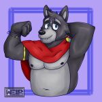 1:1 adastra adastra_(series) amicus_(adastra) anthro belly bracelet canid canine canis cape clothing echo_project fist flexing flexing_bicep fur gold_(metal) gold_jewelry grey_body grey_fur hi_res jewelry male mammal muscular simple_background smile solo welp_can wolf