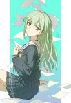 1girl absurdres aqua_background arm_at_side bang_dream! bang_dream!_it&#039;s_mygo!!!!! blue_background closed_mouth colored_eyelashes cowboy_shot curled_fingers expressionless falling_paper from_side gradient_background green_hair grey_neckerchief grey_serafuku hair_ornament hairclip hand_rest hand_up highres invisible_floor long_hair long_sleeves looking_back miniskirt neckerchief outside_border pillarboxed sailor_collar school_uniform serafuku sideways_glance signature sitting skirt solo tsukinomori_school_uniform wakaba_mutsumi white_sailor_collar winter_uniform yellow_eyes zx277x 