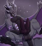2_penises absurd_res animal_genitalia ball_markings balls belly big_balls big_penis black_belly black_body black_feet black_horn black_scales black_sclera blush bodily_fluids butt caritativa_(character) claws dragon erection feet feral finger_claws genital_markings genital_slit genitals glans grey_body grey_scales hi_res horn huge_wings knot lying male male_feral markings membrane_(anatomy) membranous_wings multi_genitalia multi_penis mythological_creature mythological_scalie mythology on_back penis purple_body purple_eyes purple_markings purple_penis purple_wings scales scalie solo spread_legs spreading stickdora tail tears teeth thick_neck toe_claws western white_horn wings wounded