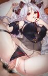  1boy 1girl aqoxy azur_lane black_bow blush bow breasts censored clothed_sex clothing_aside commentary_request cum cum_in_pussy feet_out_of_frame fingernails hair_bow hetero highres large_breasts long_hair looking_at_viewer lying male_pubic_hair missionary mole mole_on_breast mosaic_censoring multicolored_hair on_back open_mouth orange_eyes panties panties_aside penis pov pov_crotch prinz_eugen_(azur_lane) prinz_eugen_(cordial_cornflower)_(azur_lane) pubic_hair red_hair sex sideboob solo_focus streaked_hair two_side_up underwear vaginal white_hair 