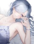  1girl absurdres arano_(waikuni11) blue_nails blue_nightgown bright_pupils collarbone genshin_impact highres long_hair looking_at_viewer lying nail_polish nightgown on_back purple_eyes shenhe_(genshin_impact) smile solo upper_body white_pupils 