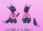 anthro black_body black_fur black_sclera bottomwear bow_ribbon clock clothed clothing collar eeveelution eyelashes facial_markings fan_character female fur generation_2_pokemon generation_6_pokemon hair head_markings head_tuft hi_res highlights_(coloring) holding_object hoodie hotpants hybrid hybrid_pokemon legwear markings model_sheet multicolored_body multicolored_ears multicolored_fur multicolored_tail ninjatreecko nintendo nintendo_ds nintendo_ds_family pattern_clothing pattern_legwear pattern_stockings pink_clothing pink_hoodie pink_topwear pokemon pokemon_(species) pokemorph purple_eyes ring_(marking) shorts simple_background solo stockings striped_clothing striped_legwear striped_stockings stripes sylveon tail thigh_highs topwear tuft umbreon watch