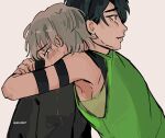  2boys akichiart alien_stage armlet artist_name black_eyes black_hair black_shirt closed_eyes commentary crying english_commentary fang green_tank_top grey_hair highres hug ivan_(alien_stage) jewelry male_focus multiple_boys red_pupils shirt short_hair tank_top tears till_(alien_stage) very_short_hair 