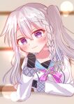  1girl 9-nine- arm_support artist_name artistic_error blurry blurry_background blush bow bowtie braid breasts closed_mouth commentary_request dress elbow_on_table green_ribbon hair_between_eyes hair_ribbon hand_on_own_cheek hand_on_own_face hand_up highres indoors lens_flare long_hair long_sleeves looking_at_viewer medium_breasts niimi_sora no_ahoge pink_bow pink_bowtie purple_eyes ribbon school_uniform side_ponytail sidelocks single_braid sleeves_past_wrists smile solo tmw15q upper_body white_dress 