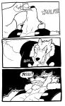 2025 4_fingers anthro canid canine clothing comic dialogue drinking fingers grin hi_res holding_object jacket looking_at_viewer male mammal mercurialentropy monochrome open_mouth sharp_teeth smile solo teeth throwing_object topwear