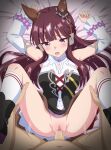 1boy 1girl absurdres animal_ears breasts brown_hair censored ear_covers eufoniuz hetero highres horse_ears horse_girl horse_tail long_hair lucky_lilac_(umamusume) lying medium_breasts missionary mosaic_censoring motion_lines on_back penis pov pussy sex solo_focus tail umamusume vaginal 