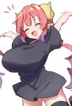  1girl :d ^_^ arms_up black_shirt black_thighhighs blush breasts closed_eyes commentary dragon_girl dragon_horns fang gazacy_(dai) highres horns huge_breasts ilulu_(maidragon) kobayashi-san_chi_no_maidragon long_hair low_twintails oppai_loli red_hair shirt short_sleeves simple_background smile solo t-shirt thighhighs twintails white_background yellow_horns 